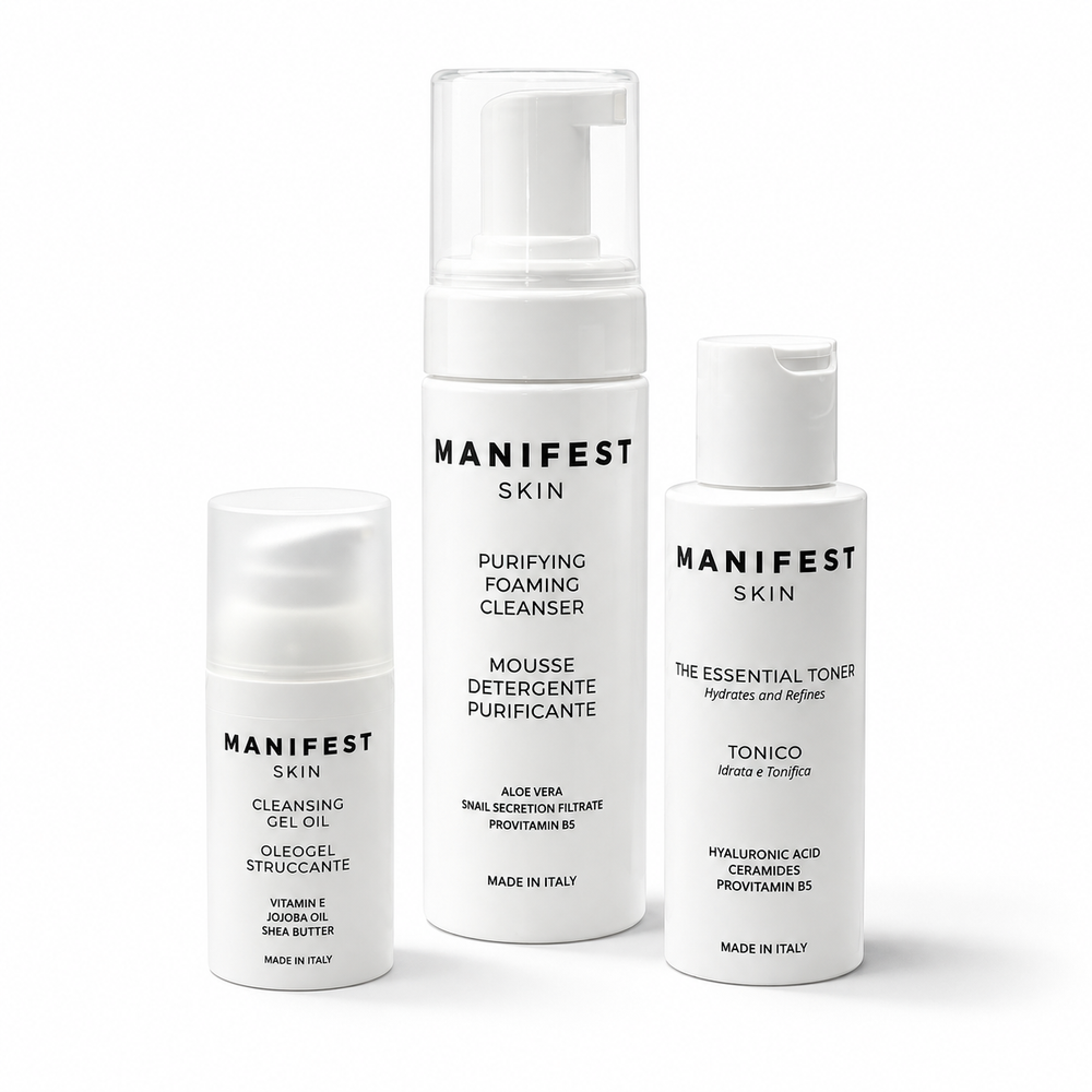 Skin Reset Routine su fondo bianco con ombre morbide